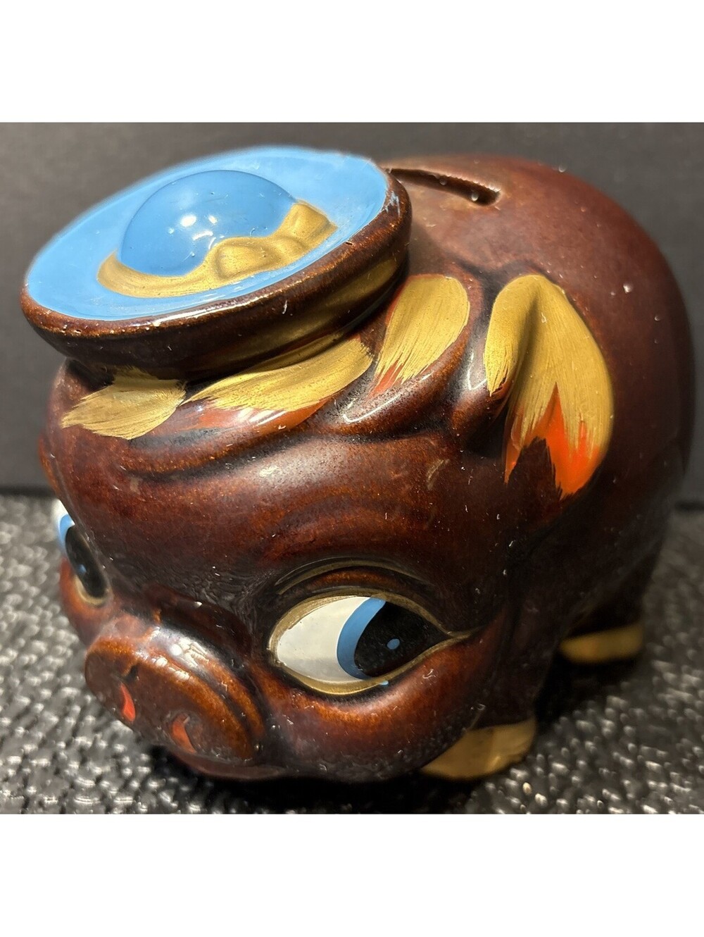 Vintage MCM Hand Painted Brown Ceramic Piggy Coin Bank w/Stopper 5”X 4”